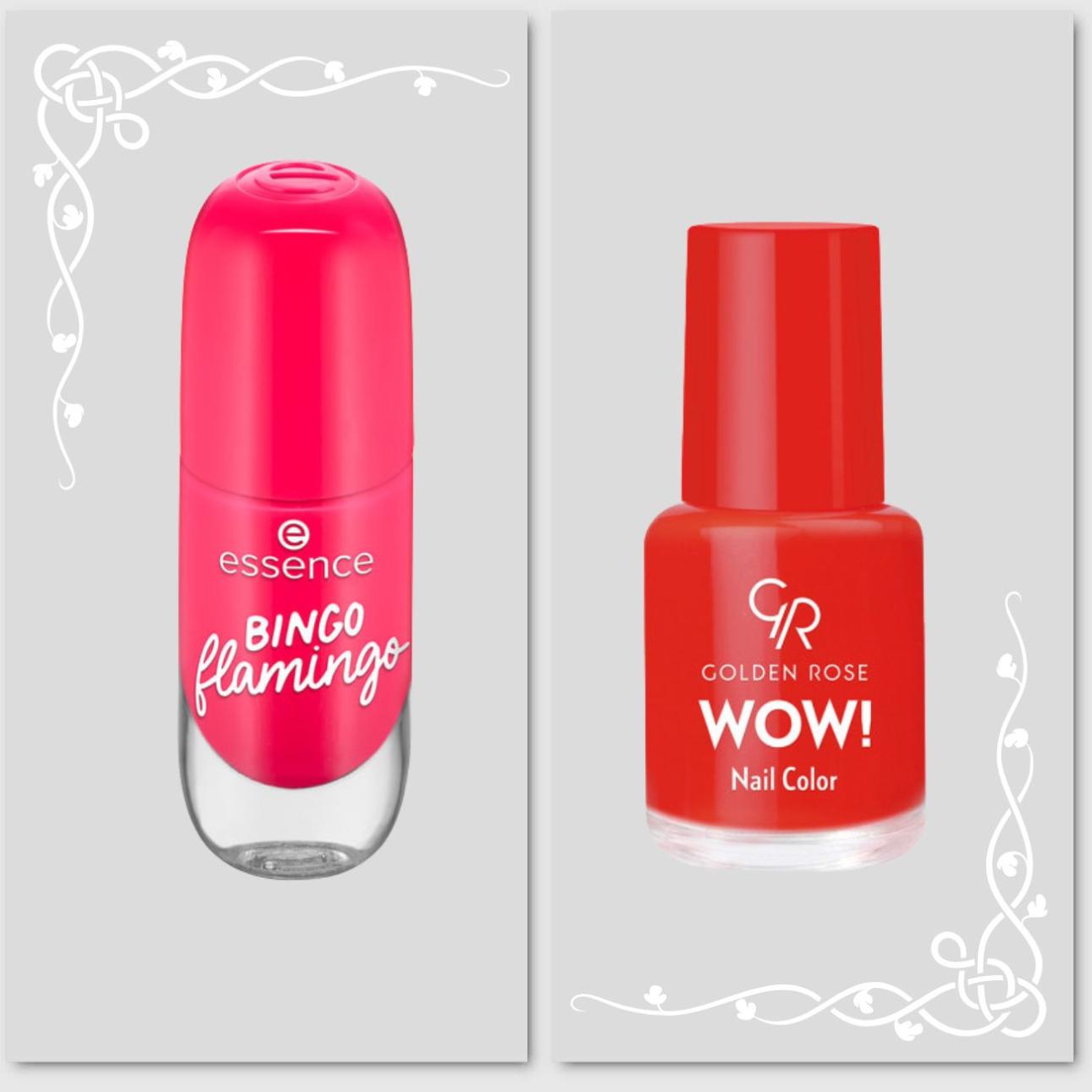 Από δεξιά: Gel Nail Color 13 Bingo Flamingo, Essence WOW Nail Color No 40, Golden Rose