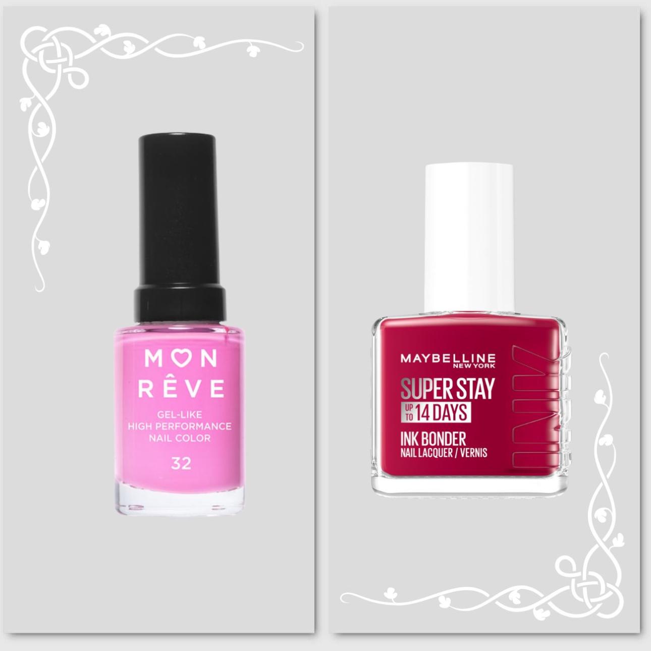 Από δεξιά: Gel Like High Performance Nail Color 32, Mon Rêve Superstay Ink Bonder 501 Cherry Sin, Maybelline
