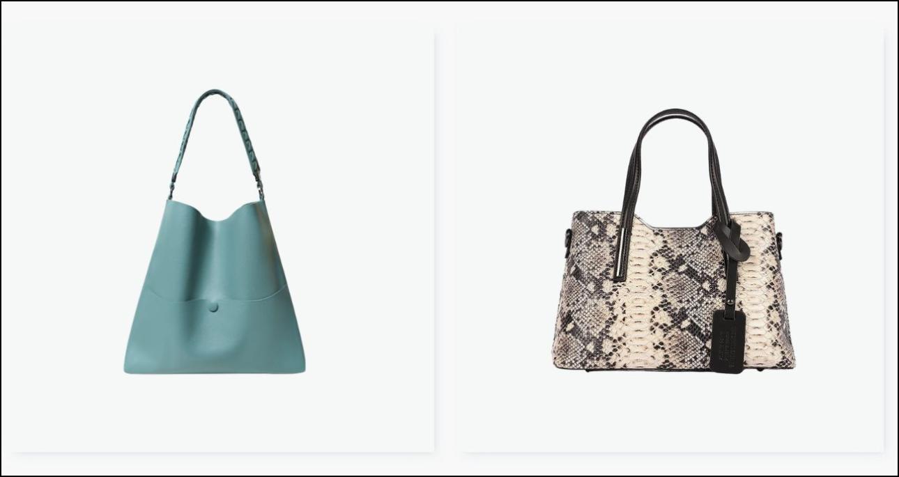 Από αριστερά: Τιρκουάζ τσάντα, €520, Callista, callista.com και snake print τσάντα, €88,11, Vera Italy, vera-italy.gr