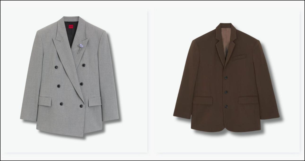 Από αριστερά: Σταυρωτό, γκρι σακάκι με καρφίτσα, €349, Hugo, hugoboss.com και καφέ σακάκι, €325, The Frankie Shop, eu.thefrankieshop.com