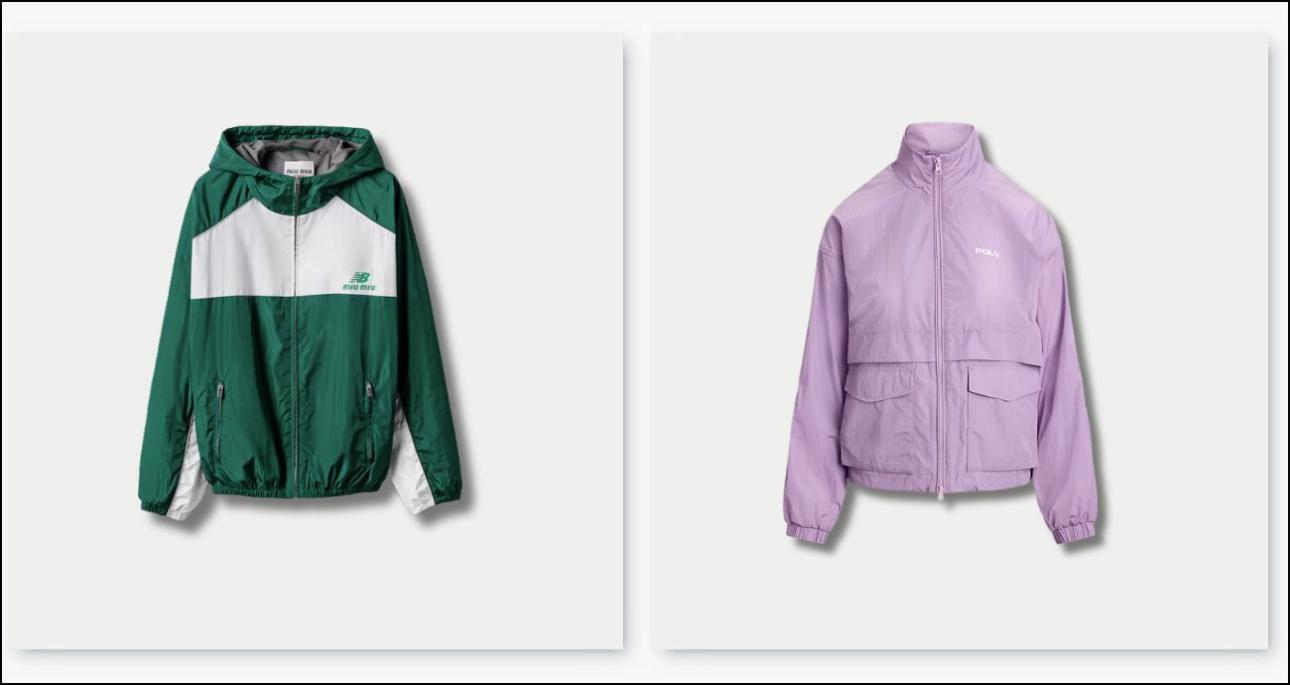 Από αριστερά: Πράσινο τζάκετ, €2.580, Miu Miu, miumiu.com και μοβ τζάκετ, €375, Polo Ralph Lauren, ralphlauren.eu