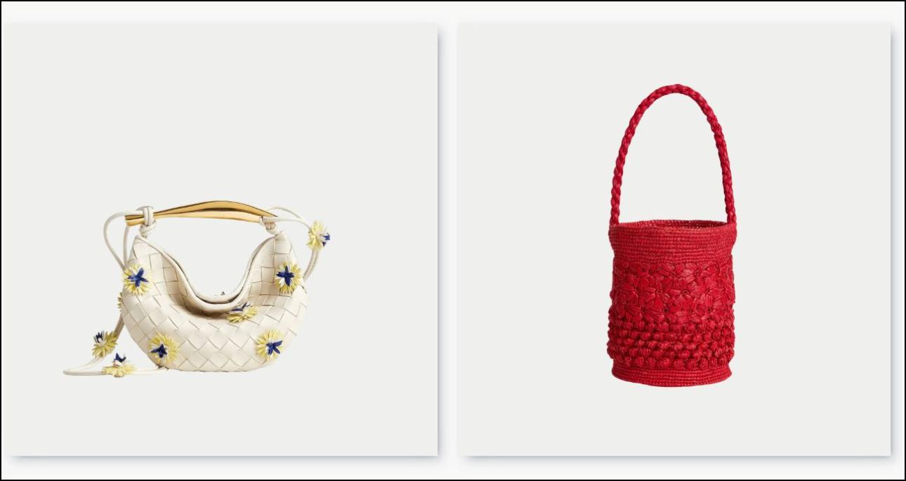 Off white τσάντα, €4.900, Bottega Veneta, bottegaveneta.com και κόκκινη, ψάθινη τσάντα,€145, Rouge, rouge.com