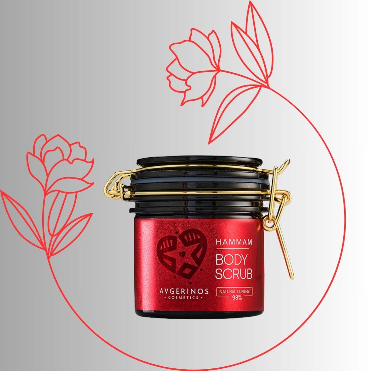 Hammam Scrub, Avgerinos Προϊόν απολέπισης με κόκκους ζάχαρης, έλαια φυσικής προέλευσης, αντιοξειδωτικούς παράγοντες. Η σύνθεση περιλαμβάνει βούτυρο καριτέ (shea butter), έλαιο αβοκάντο, έλαιο argan, κρυσταλλικούς κόκκους ζάχαρης, ειδικά επιλεγμένα έλαια φυσικής προέλευσης και αντιοξειδωτικούς παράγοντες με υψηλή περιεκτικότητα σε τοκοφερόλες (βιταμίνη Ε) από έλαιο ηλίανθου οργανικής καλλιέργειας. Από την ομώνυμη αρωματική σειρά που διαθέτει ανατολίτικο, μυστηριώδες άρωμα από πικάντικα μπαχαρικά και βανίλια.