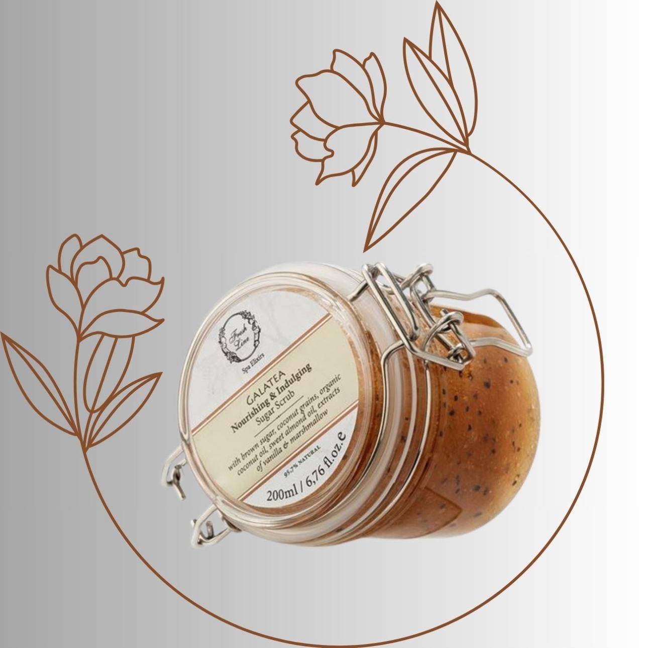 Galatea Sugar Scrub, Fresh Line Απολεπιστικό σώματος με πλούσια, φυσική σύνθεση με  άρωμα εξωτικής καρύδας και αμυγδάλου. Περιέχει αμυγδαλέλαιο που θρέφει, ενυδατώνει και αναζωογονεί την επιδερμίδα, έλαιο από αβοκάντο, πλούσιο σε βιταμίνες A, B1, B2, D, και E, θρέφει, ενυδατώνει και ανακουφίζει από την ξηρότητα, και βιολογικό έλαιο καρύδας, πλούσια πηγή σε λιπαρά οξέα, βοηθά στην επανόρθωση του δερματικού φραγμού της επιδερμίδας διατηρώντας την απαλή.