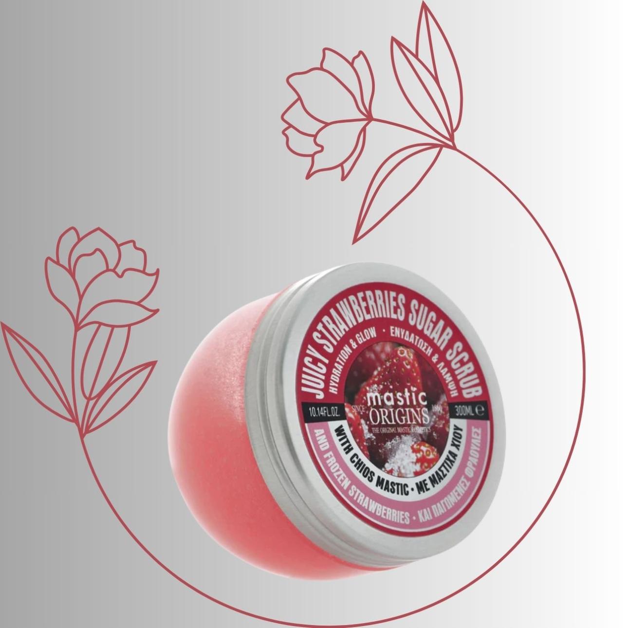 Juicy Strawberries Body Scrub, Mastic Origins Scrub σώματος με πλούσια σύνθεση, απαλλάσσει την επιδερμίδα από νεκρά κύτταρα, προσφέροντας έντονη λάμψη, ενυδάτωση και βελούδινη υφή. Είναι εμπλουτισμένο με μαστίχα, παγωμένες φράουλες, βούτυρο καριτέ, κρυσταλλικούς κόκκους ζάχαρης και συνδυασμό αιθερίων ελαίων που ενυδατώνουν σε βάθος την επιδερμίδα και προσφέρουν ένα μοναδικό άρωμα με διάρκεια. 
