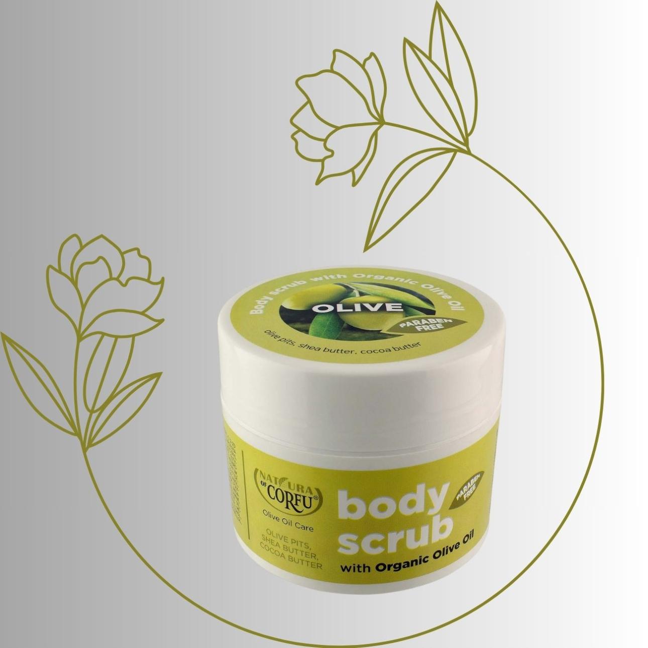 Body Scrub with Organic Olive Oil, Nature of Corfu Απολεπιστική κρέμα σώματος με φυσικούς κόκκους από κουκούτσι ελιάς που απομακρύνουν τα νεκρά κύτταρα της επιδερμίδας. Χάρη στο βιολογικό λάδι ελιάς, βούτυρο καριτέ και κακάο που περιέχει, διατηρεί το δέρμα λείο και βαθιά ενυδατωμένο.