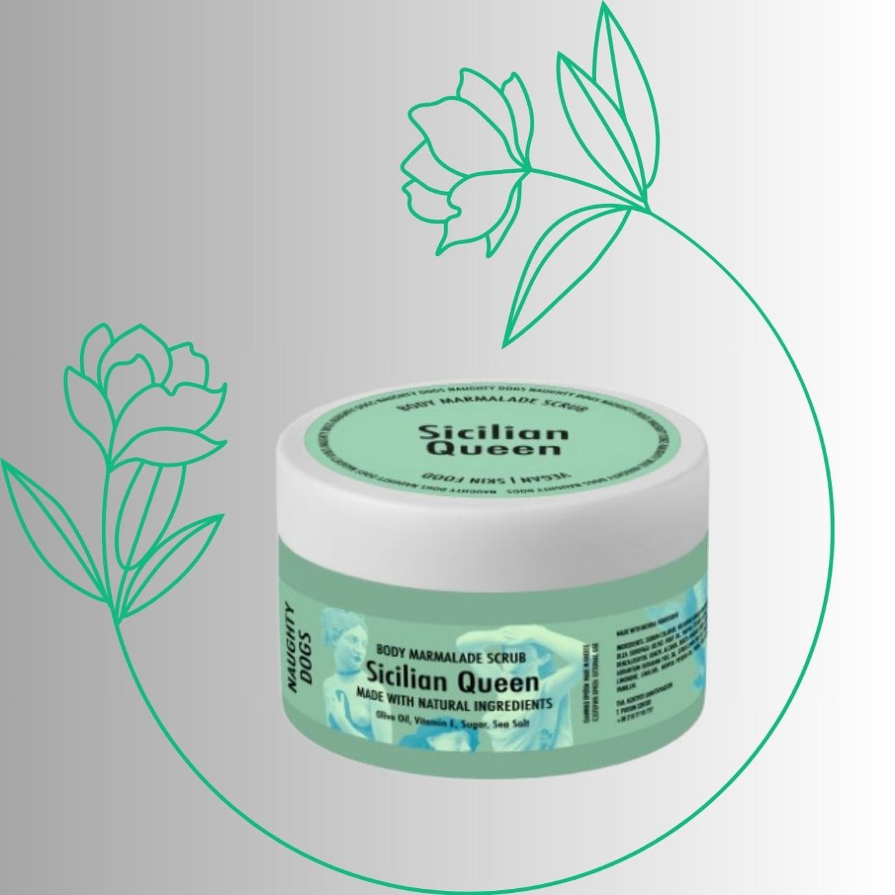 Body Scrub Marmalade Sicilian Queen, Naughty Dogs Απολεπιστικό σώματος που συνδυάζει κρυστάλλους ζάχαρης και θαλασσινό αλάτι για αποτελεσματική αλλά ευγενική απομάκρυνση των νεκρών κυττάρων. Το ελαιόλαδο και η βιταμίνη Ε στη σύνθεση προσφέρουν περιποίηση και μεταξένια αίσθηση. Το δέρμα αναπνέει, ακτινοβολεί και αρωματίζεται με γλυκές νότες καραμέλας και φυστικιού. 