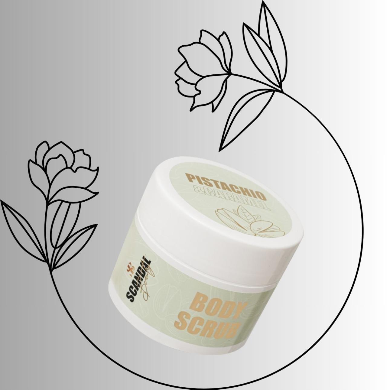 Pistachio &amp; Caramel Body Scrub, Scandal Beauty Πλούσια φόρμουλα με φυσικούς κόκκους αμυγδάλου (Prunus Amygdalus Dulcis Shell Powder) απομακρύνει απαλά τα νεκρά κύτταρα και χαρίζει μεταξένια αίσθηση στο δέρμα, αφήνοντάς το λείο, απαλό και έτοιμο να απορροφήσει καλύτερα την ενυδατική σου φροντίδα. Περιέχει, μεταξύ άλλων, γλυκερίνη, βιταμίνη Ε και μαλακτικά έλαια, συνδυάζοντας αποτελεσματική απολέπιση με πλούσια περιποίηση. Το πλούσιο, αλλά διακριτικό άρωμα του προϊόντος ολοκληρώνει την εμπειρία.