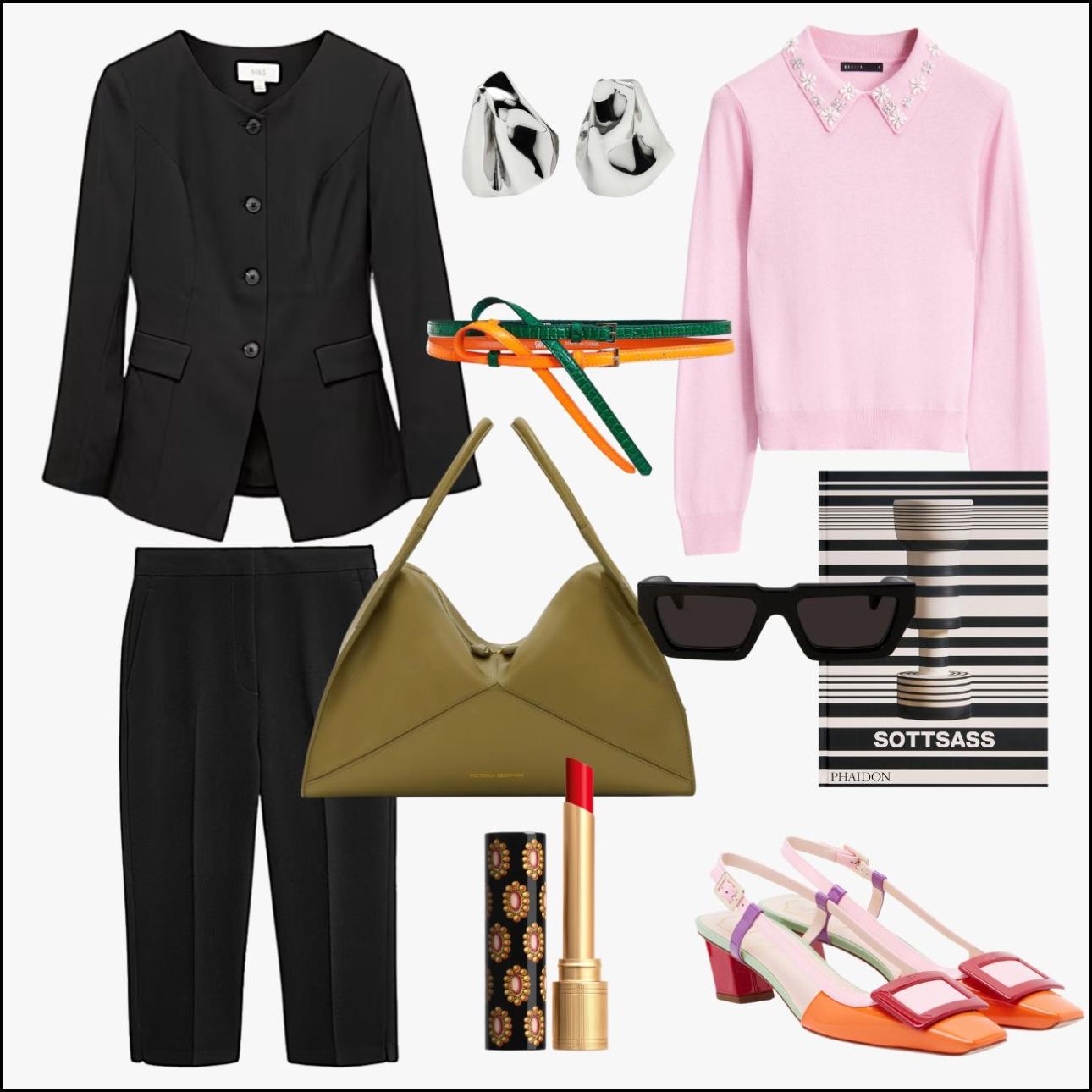 Από αριστερά: Σακάκι, €59,99 και κάπρι παντελόνι, €39,99, όλα Marks&amp;Spencer, marksandspencer.com, ασύμμετρα σκουλαρίκια, €39,95, Massimo Dutti, massimodutti.com, τρίχρωμη ζώνη, €115, Essentiel Antwerp, farfetch.com, μπλούζα, €13,99, Mohito, mohito.com, τσάντα, €1.331,94, Victoria Plié Bag, Victoria Beckham, victoriabeckham.com, γυαλιά ηλίου, €220, Off White™, off---white.com, table book, €76,95, Ettore Sottsass, petrichor.com.gr, κραγιόν, €54, Gucci Rouge de Beauté Brillant, μόνο στα atticadps.gr, πολύχρωμες slingback γόβες, €890, Roger Vivier, mytheresa.com 