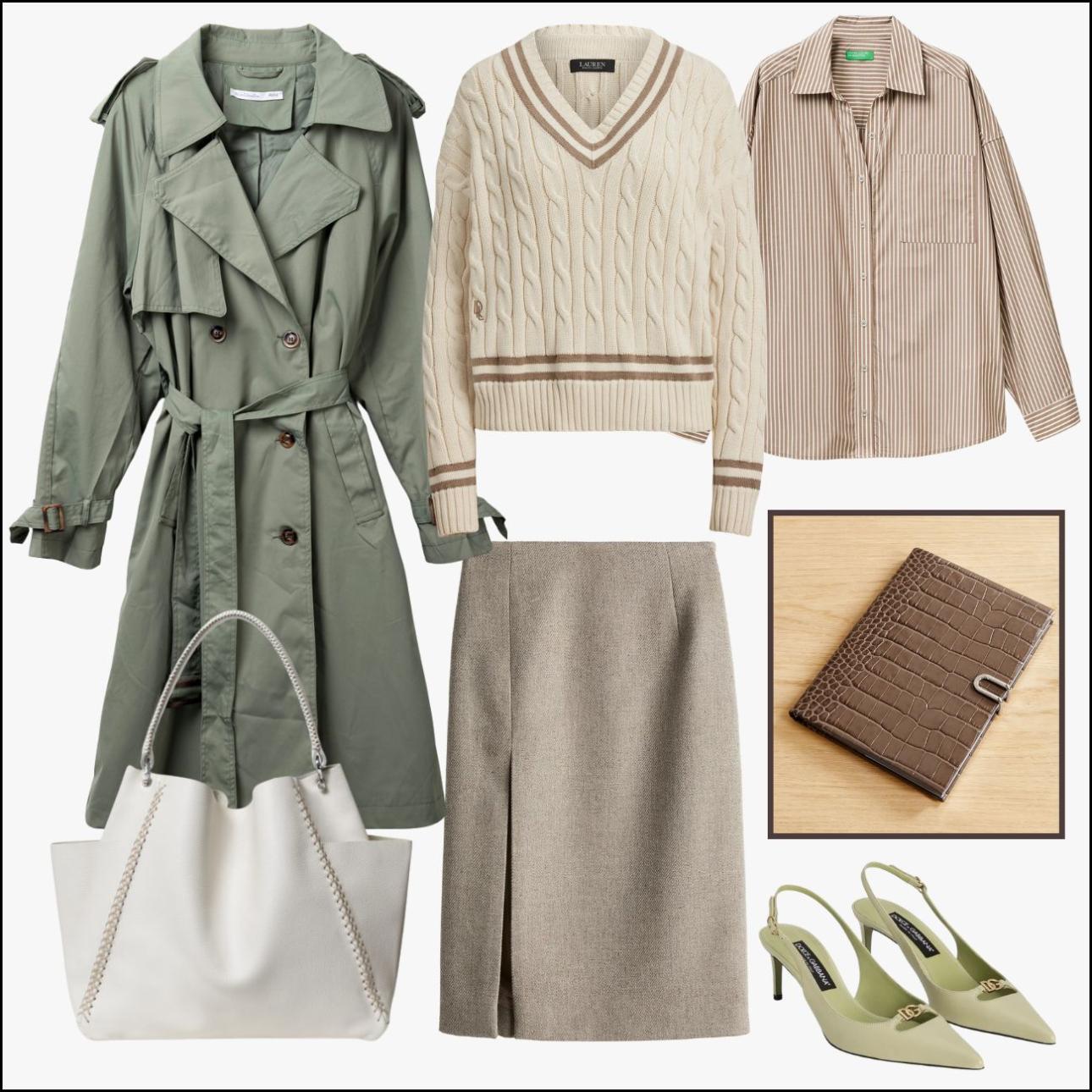 Από αριστερά: Καμπαρντίνα, €89, Helmi, helmi.gr, V-neck πουλόβερ, €160, Lauren Ralph Lauren, zalando.gr, ριγέ πουκάμισο, €79,95 Benetton, gr.benetton.com, δερμάτινη τσάντα, €560, Callista, callista.com, φούστα, €49,99, δερμάτινο σημειωματάριο με κροκό εφέ, €330, Smythson, net-a-porter.com και slingback γόβες, €695, Dolce&amp;Gabbana, farfetch.com