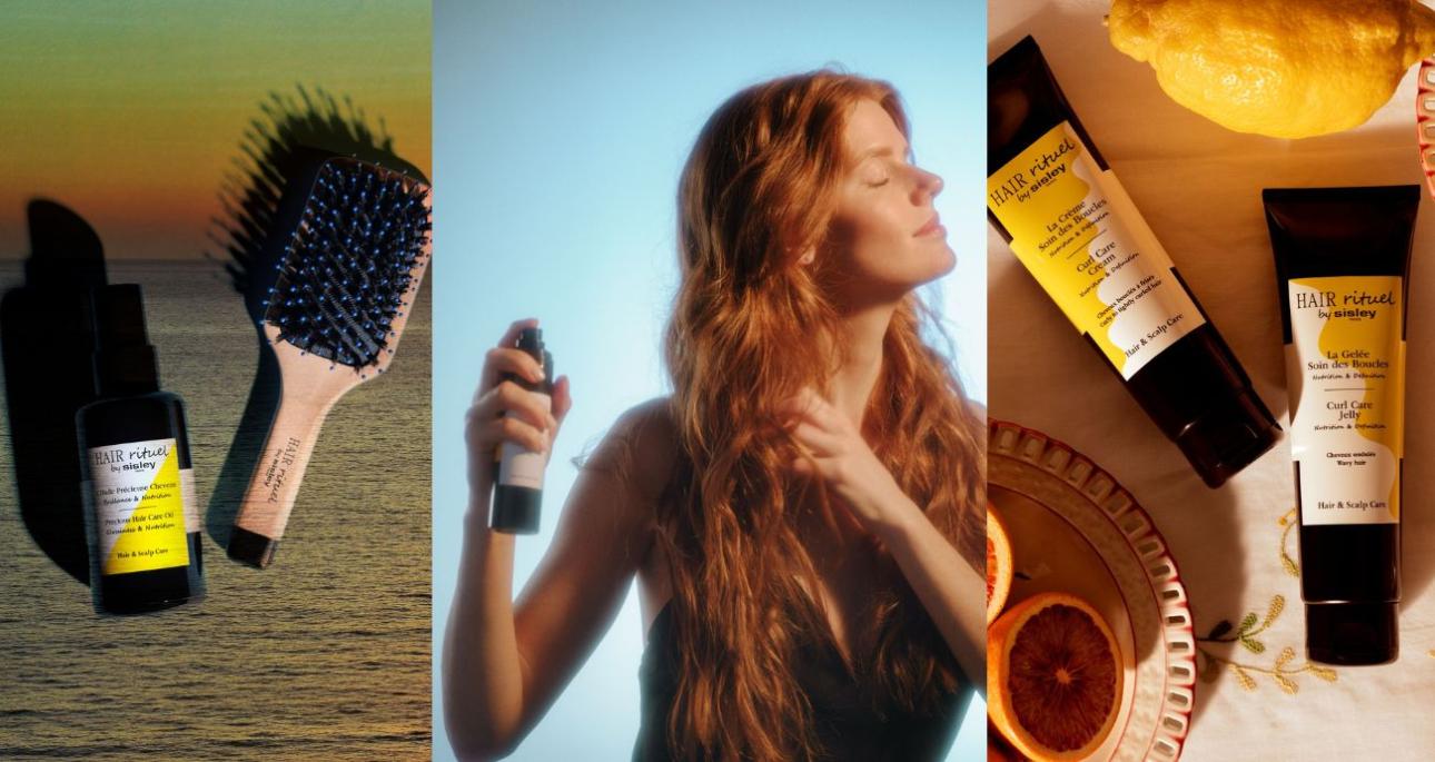  P﻿Precious Hair Care Oil &amp; The Pocket Brush (αριστερά), Protective Shield Mist (κέντρο), Curl Care Jelly &amp; Cream (δεξιά)
