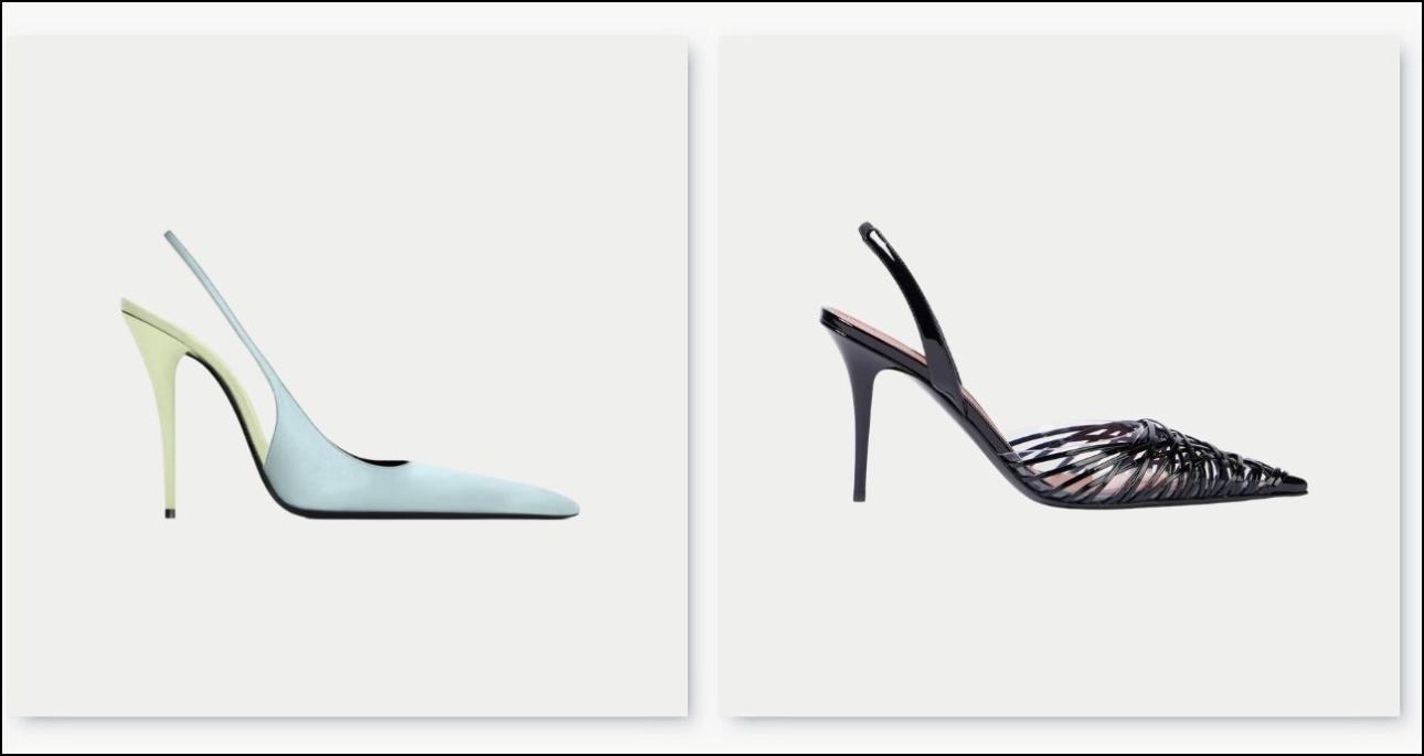 Από αριστερά: Γαλάζιες γόβες, €1.050, Saint Laurent, ysl.com και slingback λουστρίνι, €575, Amina Muaddi, mytheresa.com