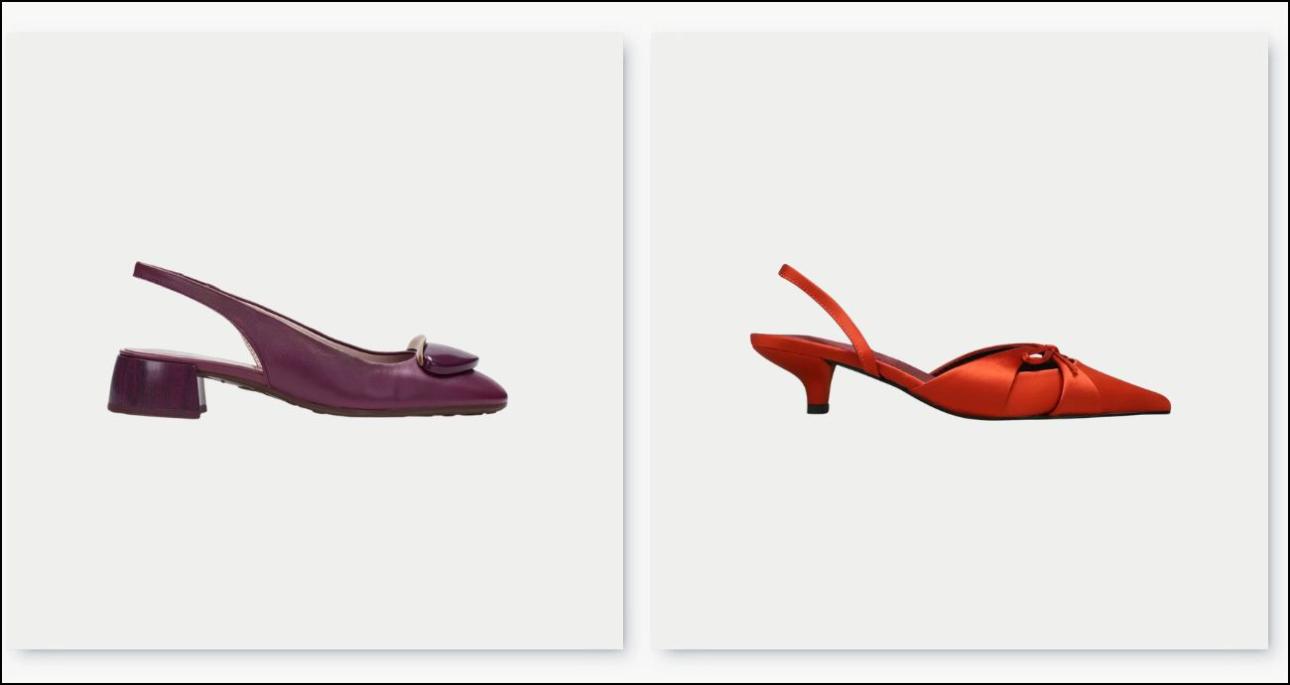 Από αριστερά: Μοβ παπούτσια, €139, Hispanitas, hispanitas.com και σατέν πορτοκαλί kitten heels, €45,50, Corina, bestprice.gr