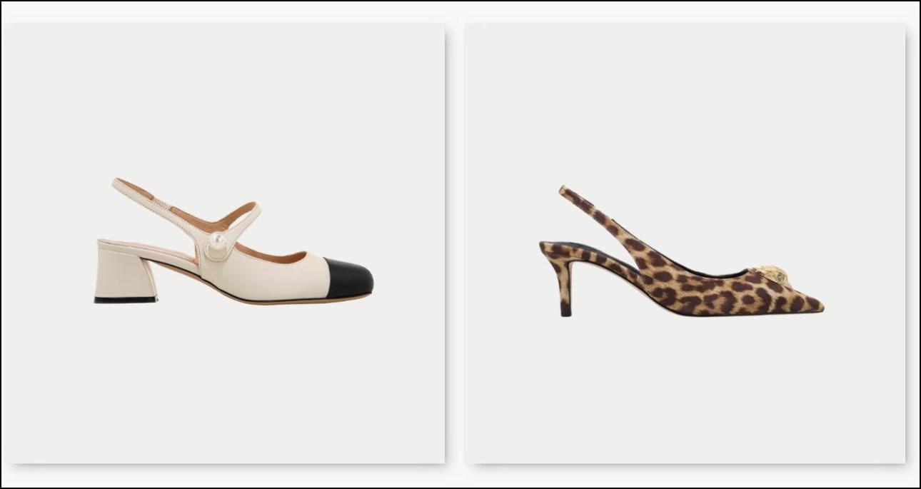 Από αριστερά: Δίχρωμες slingback,€89,95, Sofia Baldi, tsakirismallas.gr και leopard γόβες, €165, Kurt Geiger, kalogirou.com