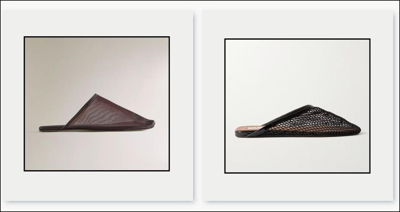 Καφέ διάφανα slippers, €35,99, Zara, zara.com και λουστρίνι mules, €650, Alaïa, net-a-porter.com