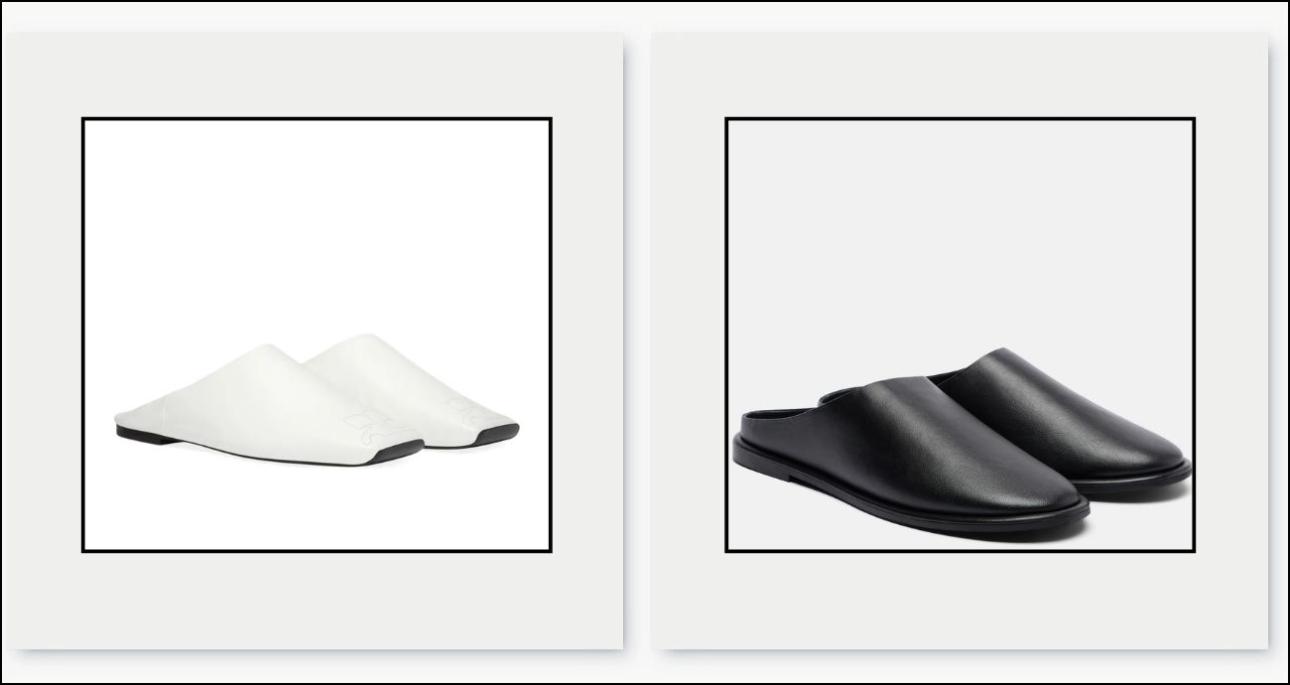 Δερμάτινα slippers, €260, Courrèges, farfetch.com και μαύρα δερμάτινα mules, €224, A.Emery, mytheresa.com