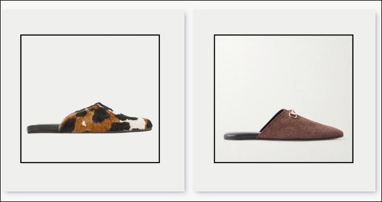 Slippers με υφή πόνυ, €280, Ancient Greek Sandals, ancient-greek-sandals.com και suede slippers, €800, Gucci, net-a-porter.com