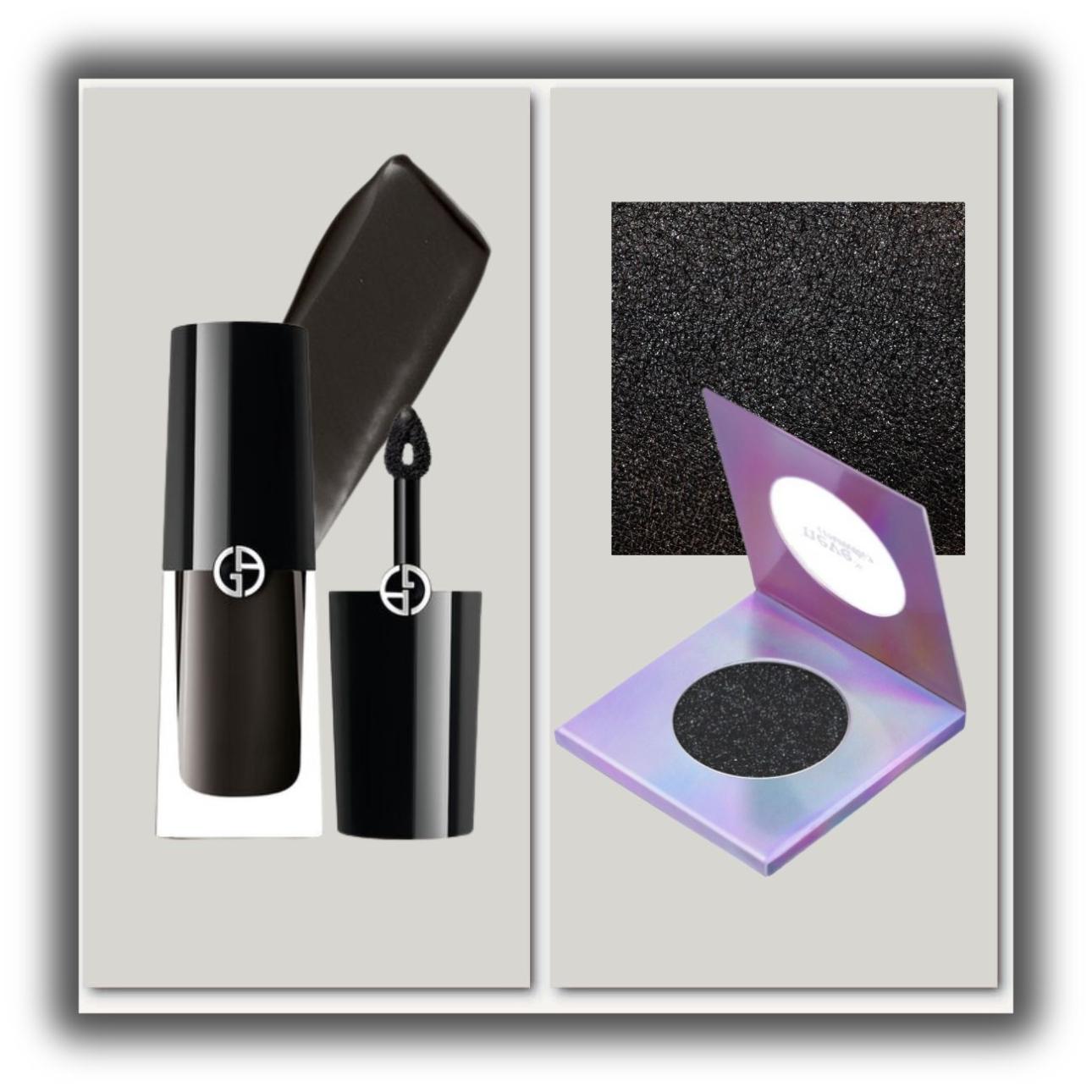 Από αριστερά: Eye Tint Liquid Eyeshadow in 99M Ebony, Armani Arcobaleni Compact Shade Pan in Another Planet, Neve Cosmetics