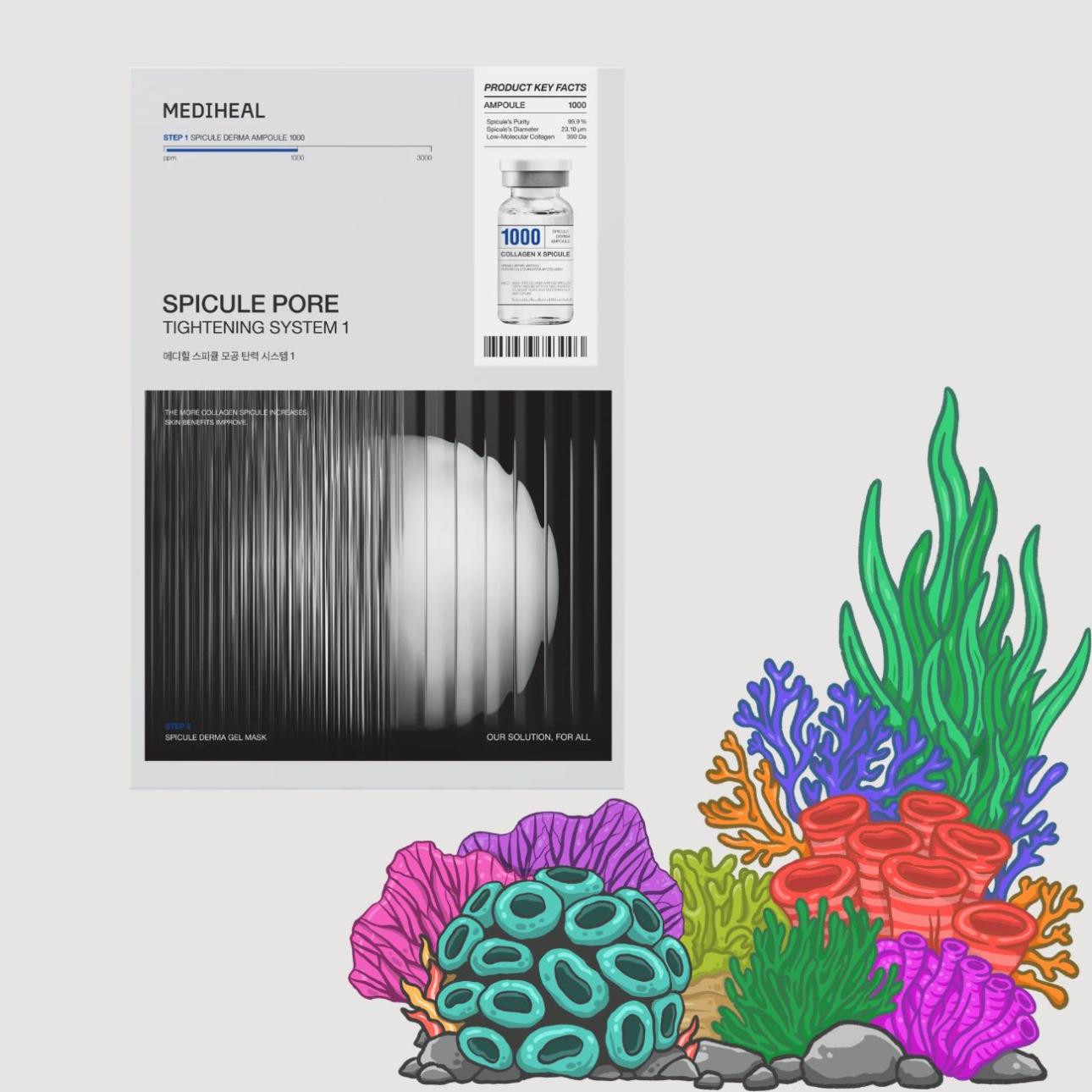   Spicule Pore Tightening System, Mediheal Θεραπεία 2 βημάτων με ορό μικροβελονών από υδρολυμένο σπόγγο και υφασμάτινη μάσκα κολλαγόνου, που δημιουργεί ήπια μικροδιέγερση, βοηθά στη λείανση της υφής και στη σύσφιξη των πόρων, ενώ ενισχύει την απορρόφηση ενεργών συστατικών για πιο ομοιόμορφη και σφριγηλή όψη.  