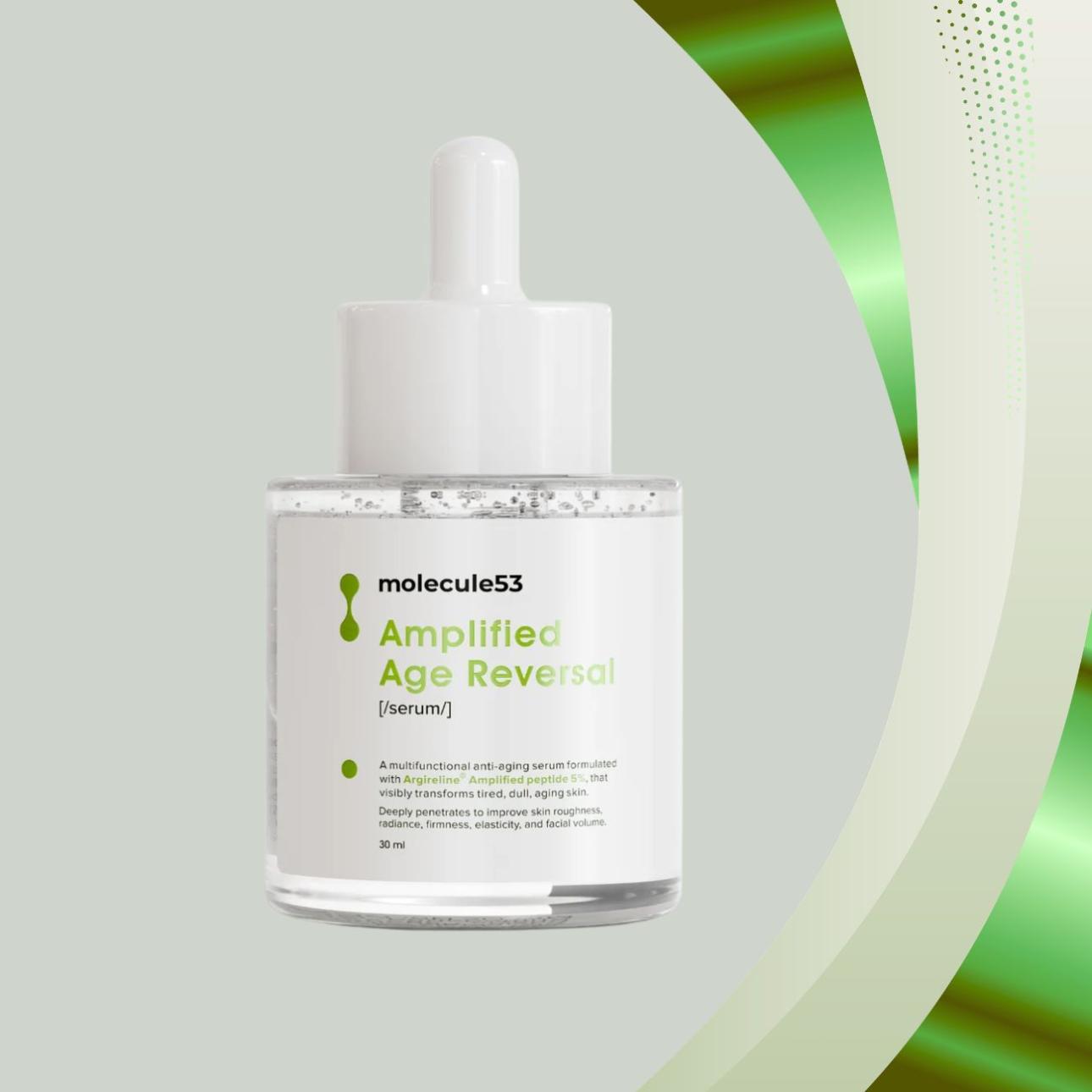Argireline® Amplified Age Reversal, Molecule53 Συμπυκνωμένος ορός πεπτιδίων με Argireline® νέας γενιάς, σχεδιασμένος για ορατή μείωση ρυτίδων έκφρασης και βελτίωση της σφριγηλότητας σε περιοχές έντονης κινητικότητας.