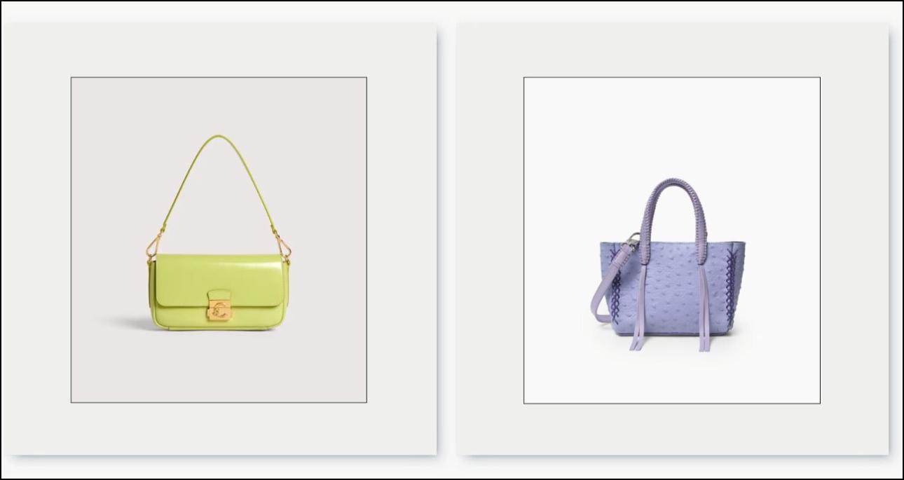 Lime green τσάντα, €320, Coccinelle, coccinelle.com και λιλά τσάντα, €420, Callista, callista.com