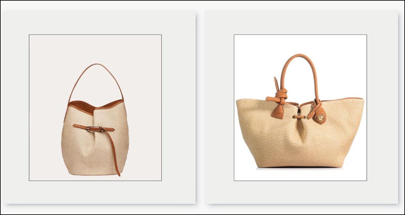 Bucket τσάντα, €675, Liffner, liffner.co και μεγάλη, raffia τσάντα, €540, Kooreloo, kooreloo.com