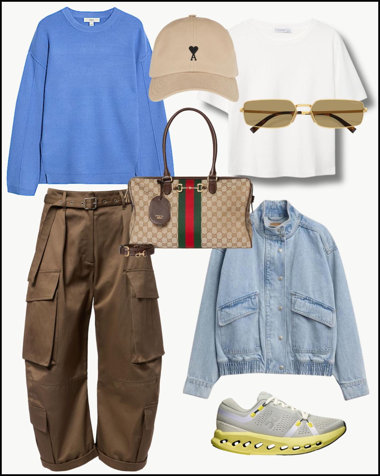 Γαλάζιο πουλόβερ, €35,99, Marks&amp;Spencer, marksandspencer.com, καπέλο, €130, Ami Paris, luisaviaworld.com, T-shirt, €7,99, Stradivarius, stradivarius.com, γυαλιά ηλίου, €214,50, Prada, amevista.com, cargo παντελόνι, €750, Acne Studios, mytheresa.com, τσάντα, €2.600, Gucci, gucci.com, τζιν τζάκετ, €82, Gap, joom.com, αθλητικά παπούτσια, €170, On  Cloudsurfer 2, atticadps.gr. 