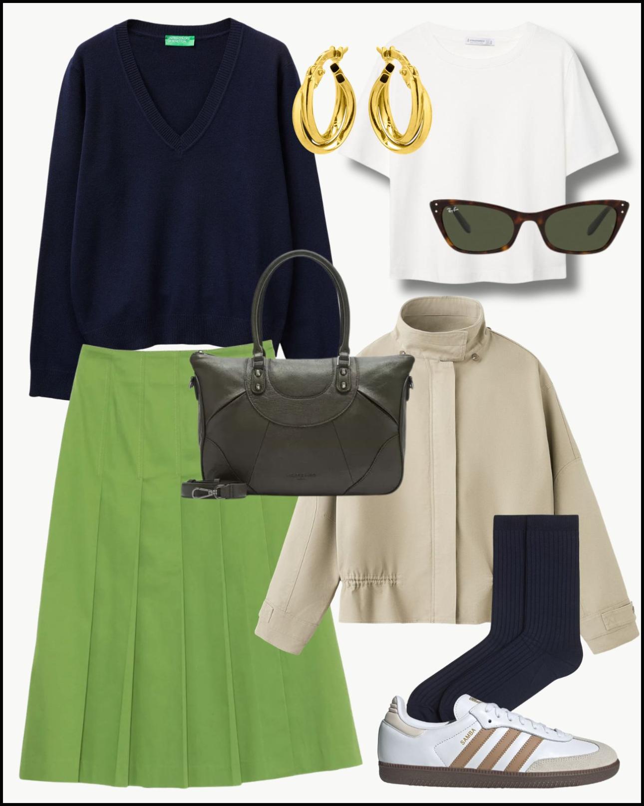 V-neck πουλόβερ, €59,95, Benetton, gr.benetton.com, χρυσοί κρίκοι Κ9, €179, Anna Maria Mazaraki, annamariamazaraki.com, T-shirt, €7,99, Stradivarius, stradivarius.com, γυαλιά ηλίου, €123, Ray Ban, sunoptic.gr, φούστα, €237, Drhope, farfetch.com, τσάντα, €256,90, Liebeskind Berlin, int.liebeskind-berlin.com, μπουφάν με ψηλό λαιμό, €99,99, Mango, shop.mango.com, σετ με 2 κάλτσες, €6,99, H&amp;M, www2.hm.com και sneakers, €120, Adidas Samba OG, adidas.gr.