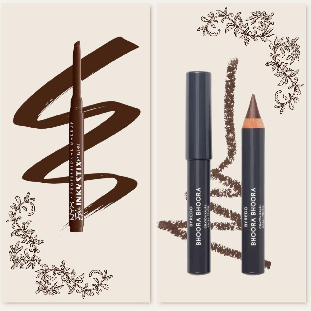(από αριστερά) Epic Inky Stix Cream Gel Eyeliner, απόχρωση 02 Ember Energy, Nyx Kajal Pencil, απόχρωση Bhoora Bhoora, Byredo 
