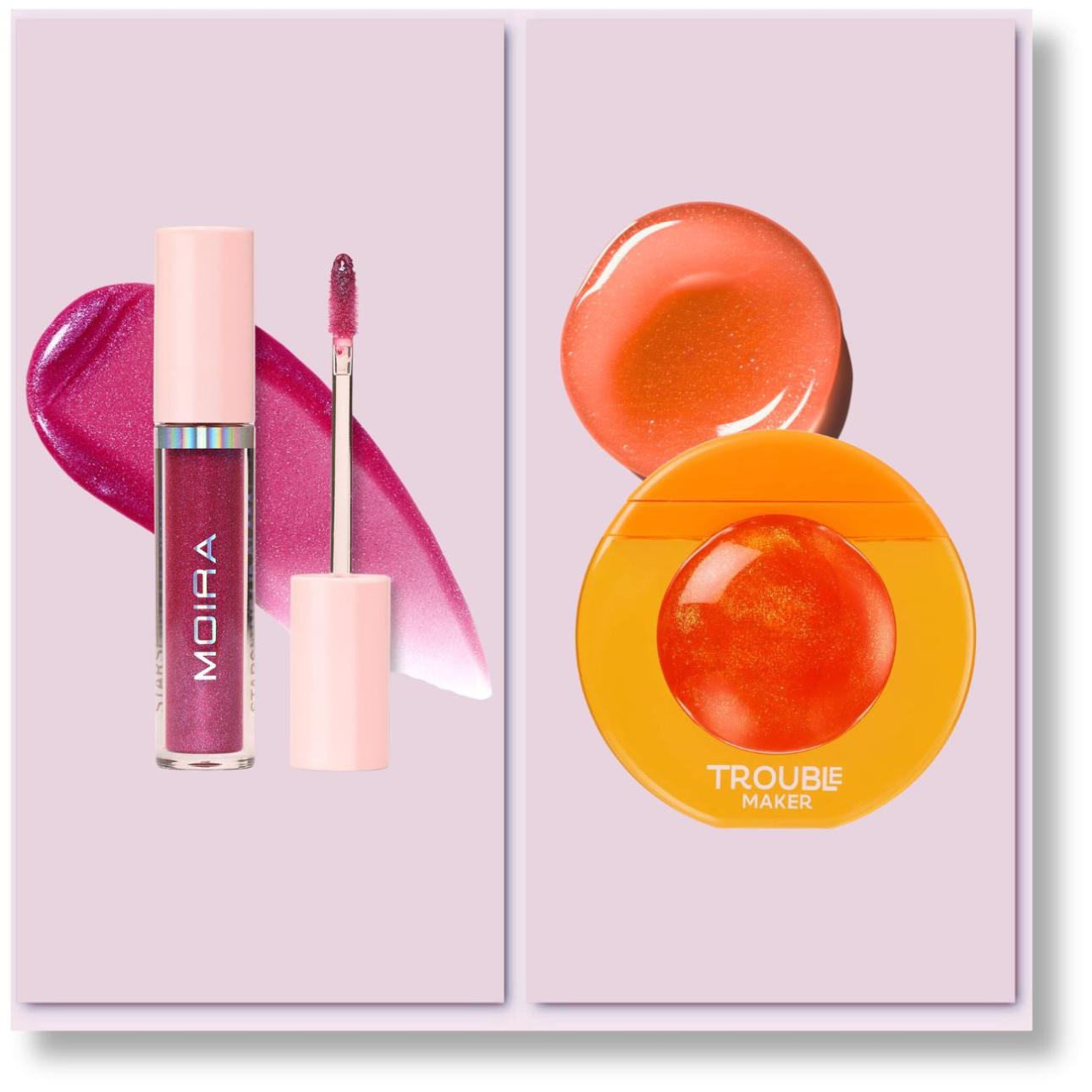  Από αριστερά: Starshine Lip Gloss in 003 Outrageous, Moira  Bubble Trouble Lip Gloss in Ola Orange, Trouble Maker 