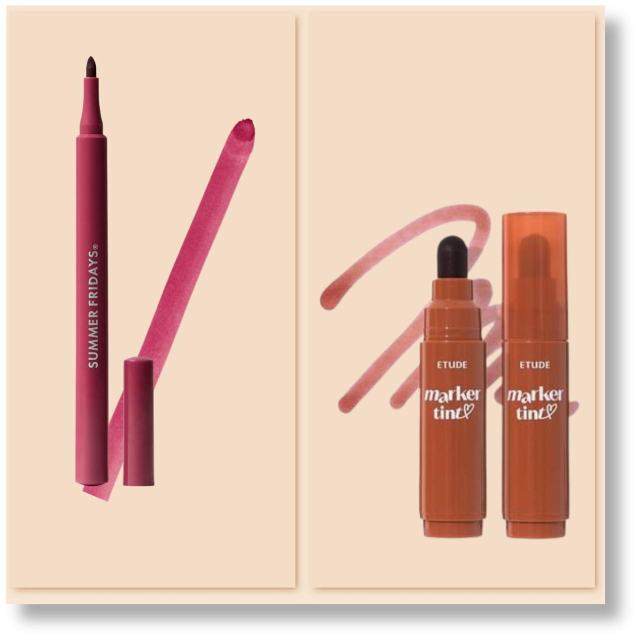 Από αριστερά: Flushed Lip Stain in Plum, Summer Fridays  Dear Darling Marker Tint in 10 Sweet Cinnamon, Etude 