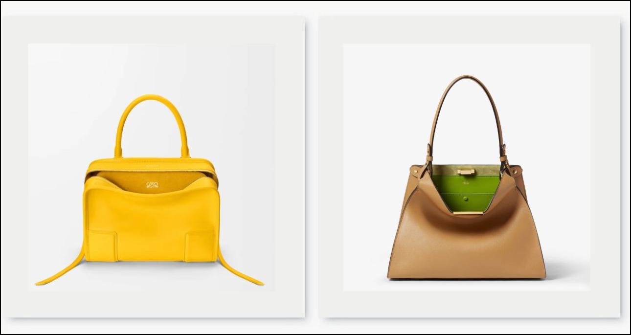 Κίτρινη τσάντα, €3.600, Loewe, loewe.com και μπεζ τσάντα, €3.200, Fendi, fendi.com
