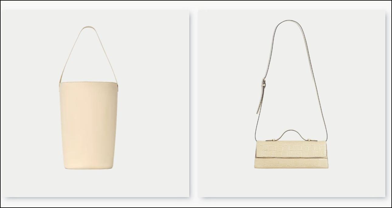 Bucket τσάντα, €195, Cos, cos.com και τσάντα σε απομίμηση κροκό, €29,99, H&amp;M, www2.hm.com