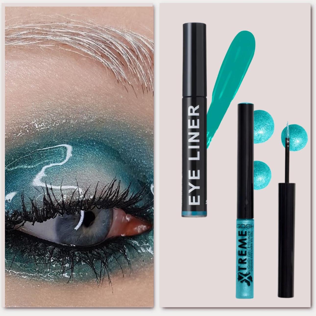   Από  αριστερά: Liquid Eyeliner in Turqoise, Stargazer London Xtreme Liquid Gel Eye Liner in 009 Turquoise, Gosh Photo credit: @annepromakeupart Instagram