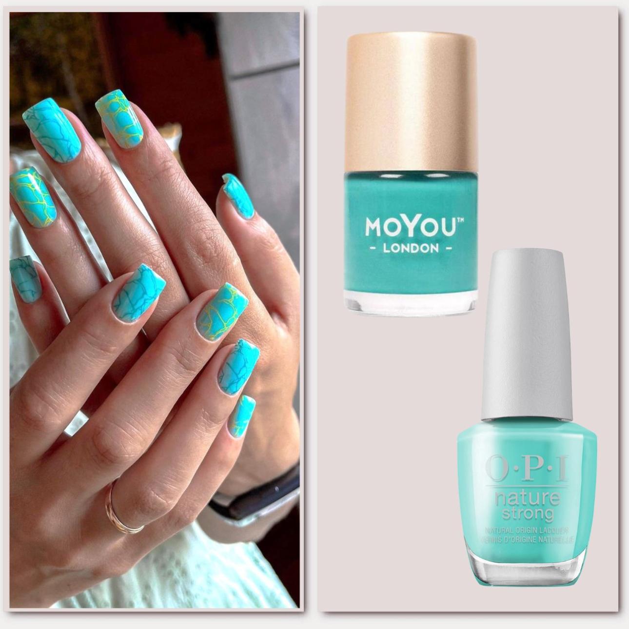   Από  πάνω: Premium Nail Polish in Electric Teal, MoYou London  Nature Strong Vegan Nail Lacquer in Cactus What You Preach, OPIPhoto credit: @style_nails_zhlobin Instagram