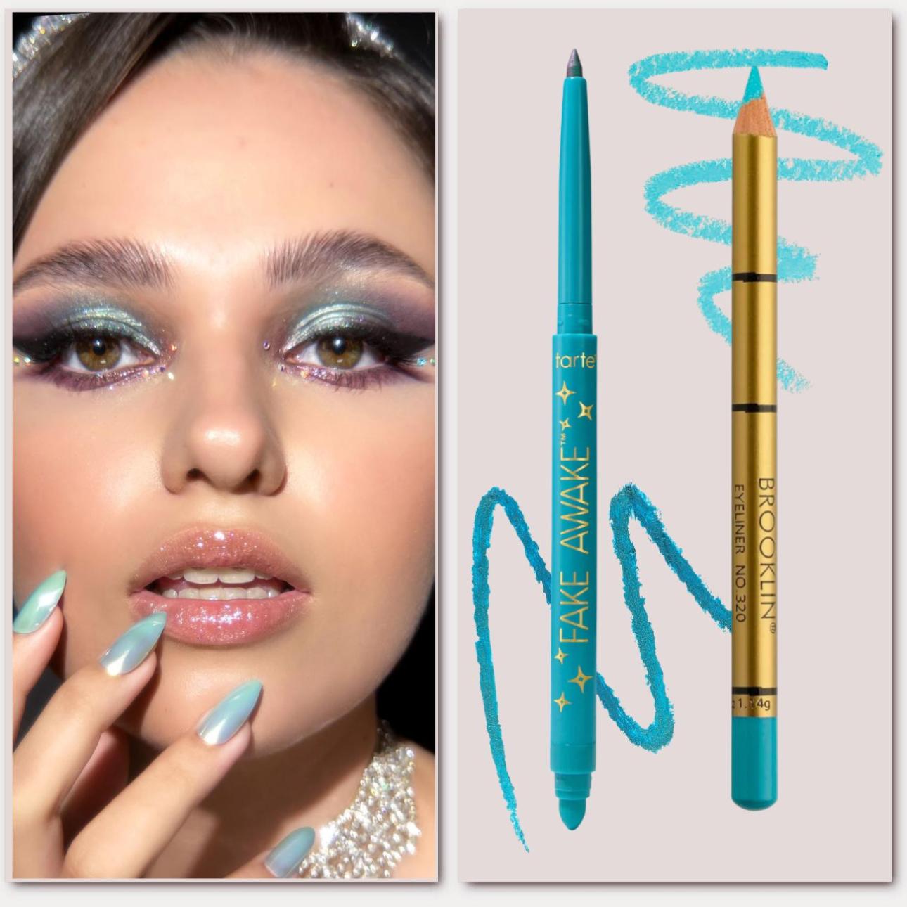 Από  αριστερά: Fake Awake™ Duochrome Liner in Turqoise / Purple Duochrome, Tarte  Brooklin Eyeliner No320 Turquoise Blue, Impala Photo credit: @malvina_isfan Instagram 
