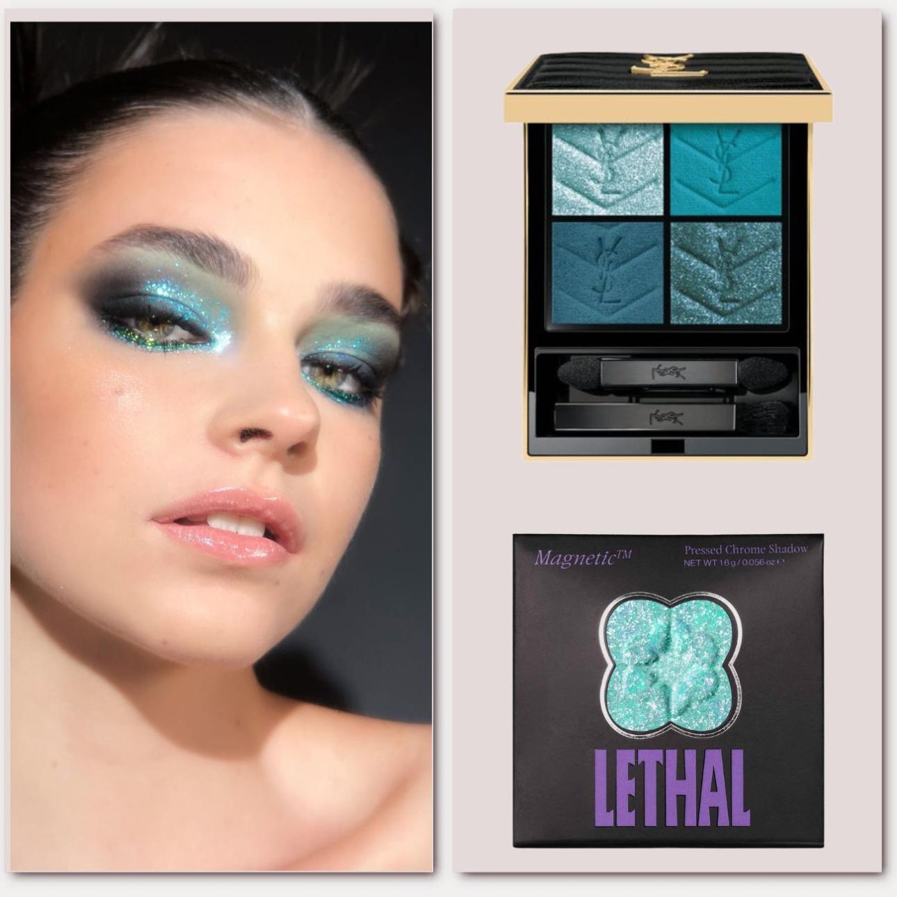Από πάνω: Couture Mini Clutch 850 Bewitching Turquoise, YSL  Pressed Chrome Shadow in Clover, Lethal Cosmetics Photo credit: @malvina_isfan Instagram
