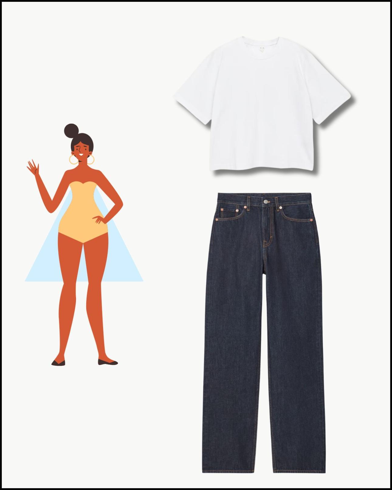 Boxy T-shirt, €35, Arket, arket.com και τζιν σε ίσια γραμμή, €85, Cos, cos.com