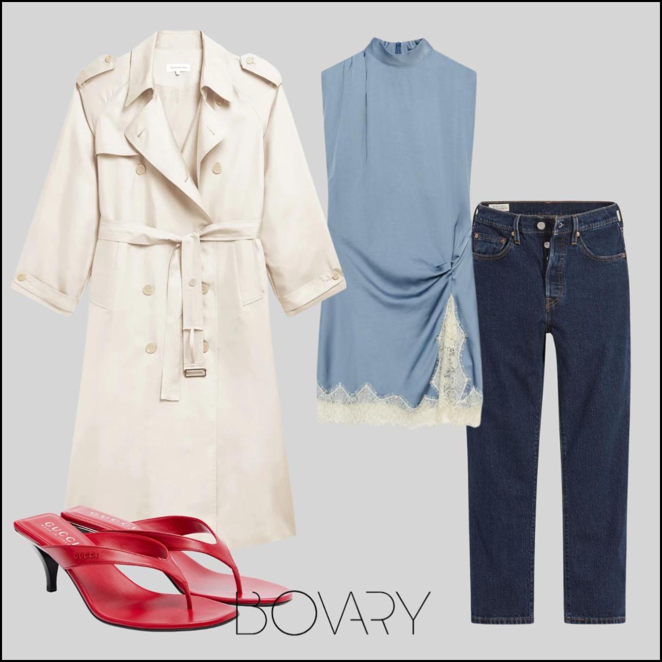 Μεταξωτή καμπαρντίνα, €499, The Frankie Shop, eu.thefrankieshop.com, μίνι φόρεμα, €35,95, Zara, zara.com, σαγιονάρες με τακούνι, €820, Gucci,, mytheresa.com και τζιν, €110, Levi's, levi.gr