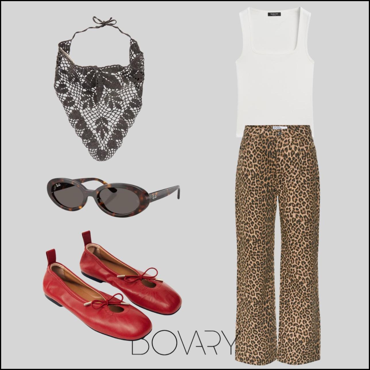 Crochet μαντήλι μαλλιών, €460, Magda Butrym, net-a-porter, tank top, €29,95, Massimo Dutti, massimodutti.com, γυαλιά, €121, Ray Ban, sunoptic.gr, τζιν cropped leopard, €35,99, Vero Moda, modivo.gr και μπαλαρίνες, €160, Alohas, alohas.com