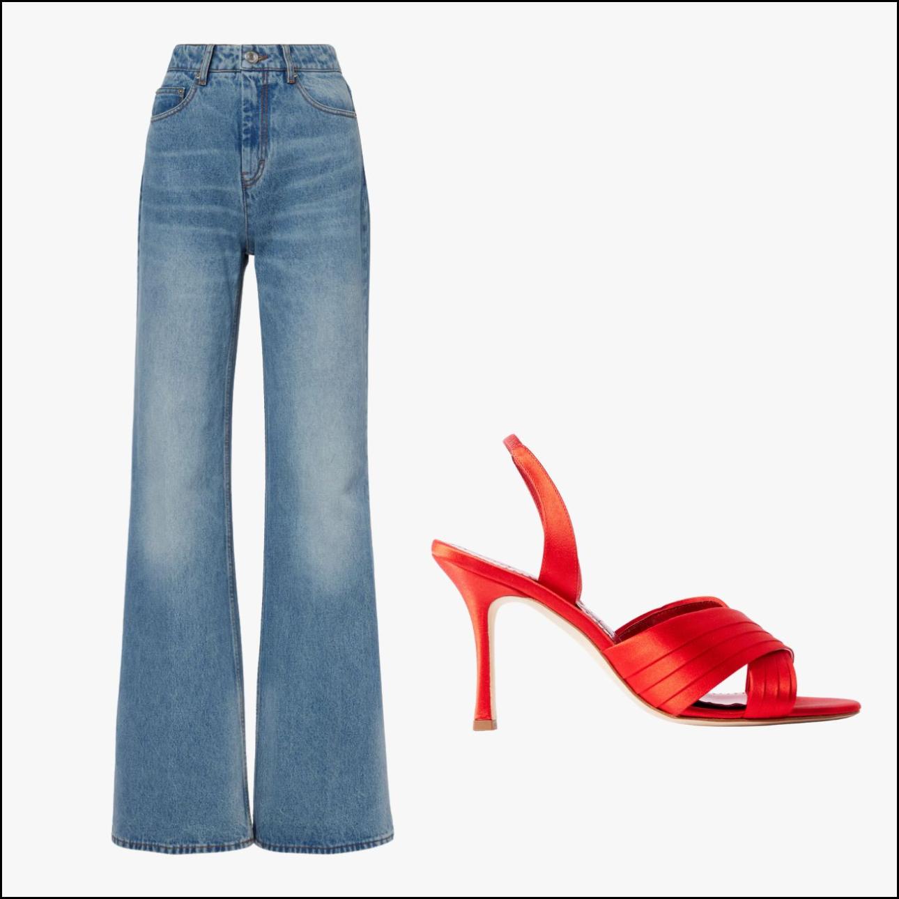 Τζιν, €270, Ami Paris, mytheresa.com και πέδιλα, €850, Manolo Blahnik, net-a-porter.com