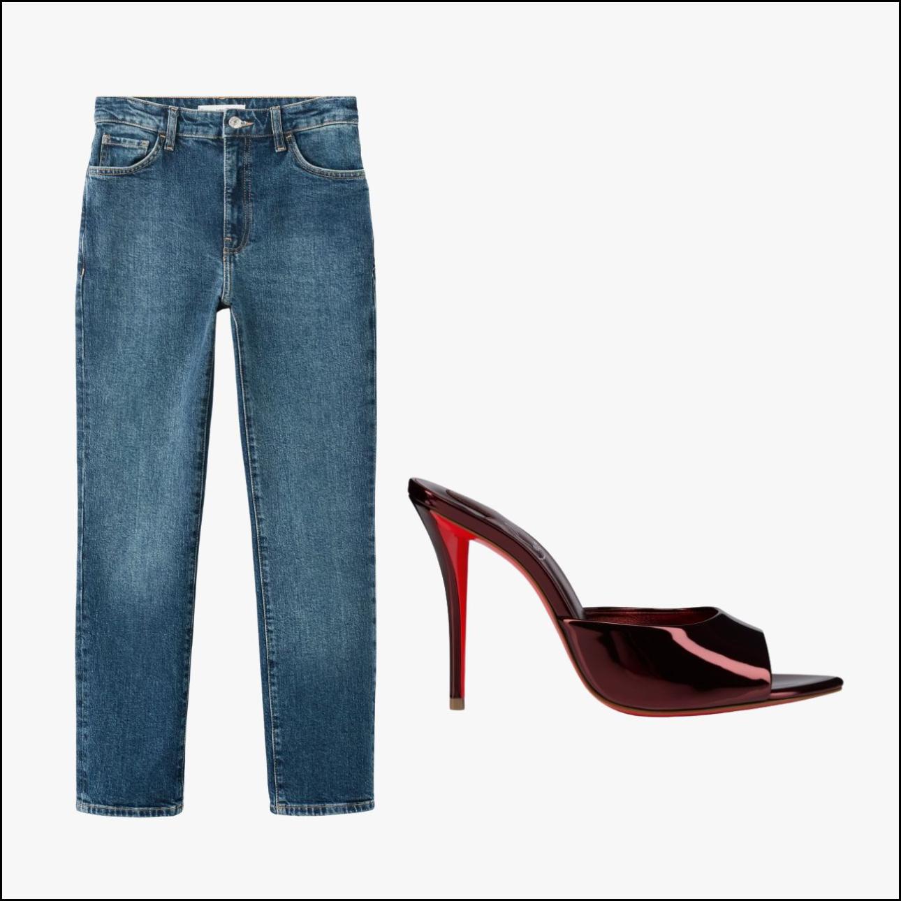 Τζιν, €29,99, Mango, shop.mango.com και mules, €895, Christian Louboutin, eu.christianlouboutin.com
