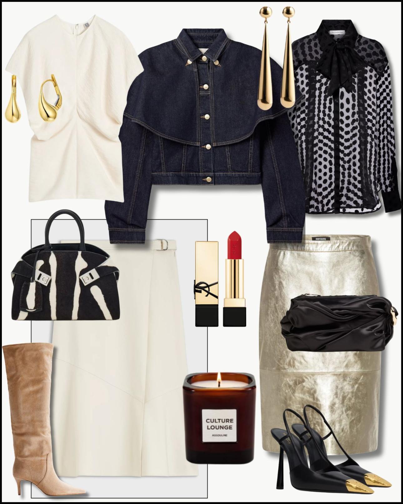 Από αριστερά: Γλυπτικό αμάνικο τοπ, €380, Toteme, int.toteme.com, σκουλαρίκια, €590, LiLALO, lilalo.comwrap φούστα, €249, Boss, hugoboss.com, τσάντα με δέρμα πόνυ, €2.400, Ferragamo, kalogirou.com, μπότες, €57,99, H&amp;M, www2.hm.com, τζιν τζάκετ, €438, Ulla Johnson, netaporter.com, κραγιόν, €53,95, Yves Saint Laurent, sephora.gr, αρωματικό κερί, €110, Assouline, love-it.gr, διάφανο πουκάμισο, €235, The Frankie Shop, mytheresa.com, σκουλαρίκια, €309, Lie Studio, farfetch.com, δερμάτινη χρυσή φούστα, €396, Rotate, farfetch.com, clutch, €161, Simkhai, theoutnet.com και slingback γόβες, €1.350, Saint Laurent, ysl.com