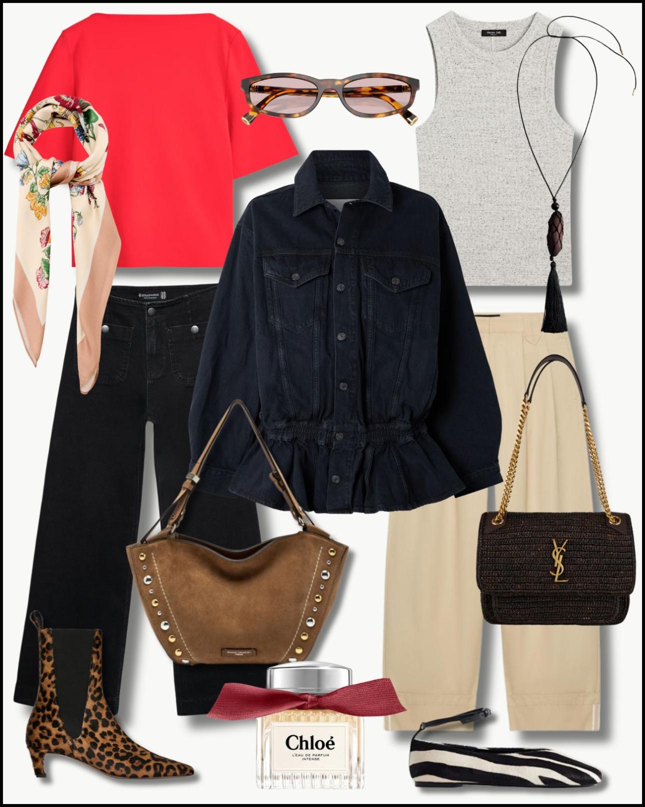 Από αριστερά: Κόκκινο τοπ, €39, Cos, cos.com, φουλάρι, €17,99, Mango, shop.mango.com, τζιν παντελόνι, €29,99, Stradivarius, stradivarius.com, καστόρινη τσάντα με τρούκς, €380, Giani Chiarini, perlapura.gr, μποτάκια, €279, Arket, arket.com, γυαλιά ηλίου, €227,60, MiU Miu, amevista.com, τζιν τζάκετ, €530, Agolde, netaporter.com, άρωμα, από €91,15, Chloé L'Eau de Parfum Intense, atticadps.gr, tank top, €29,95, Massimo Dutti, massimodutti.com, κολιέ, €17,99, Mango, shop.mango.com, παντελόνι, €29,95, Zara, zara.com, τσάντα, €2.750, Saint Laurent, luisaworld.com και μπαλαρίνες με μπαρέτα, €130,99, Asos, asos.com