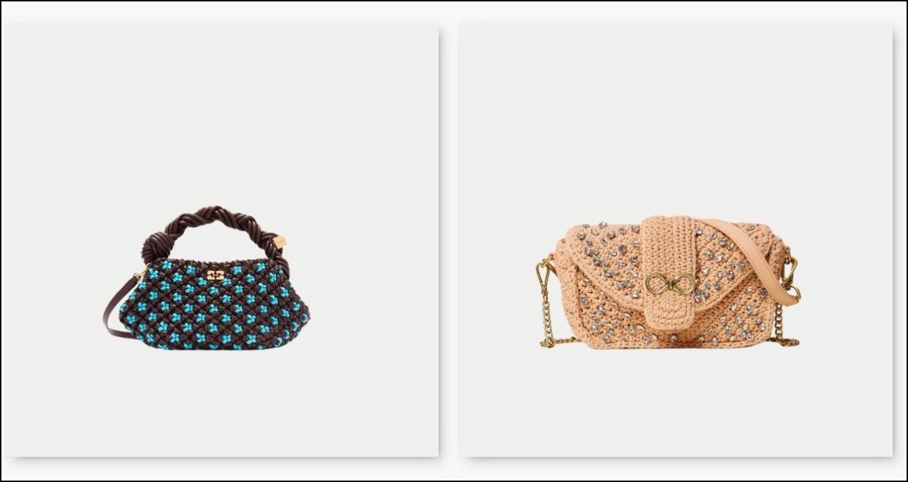 Από αριστερά: Δίχρωμο clutch, €800, Ganni, ganni.com και crochet τσάντα με πέτρες, €278, Twinset, twinset.com
