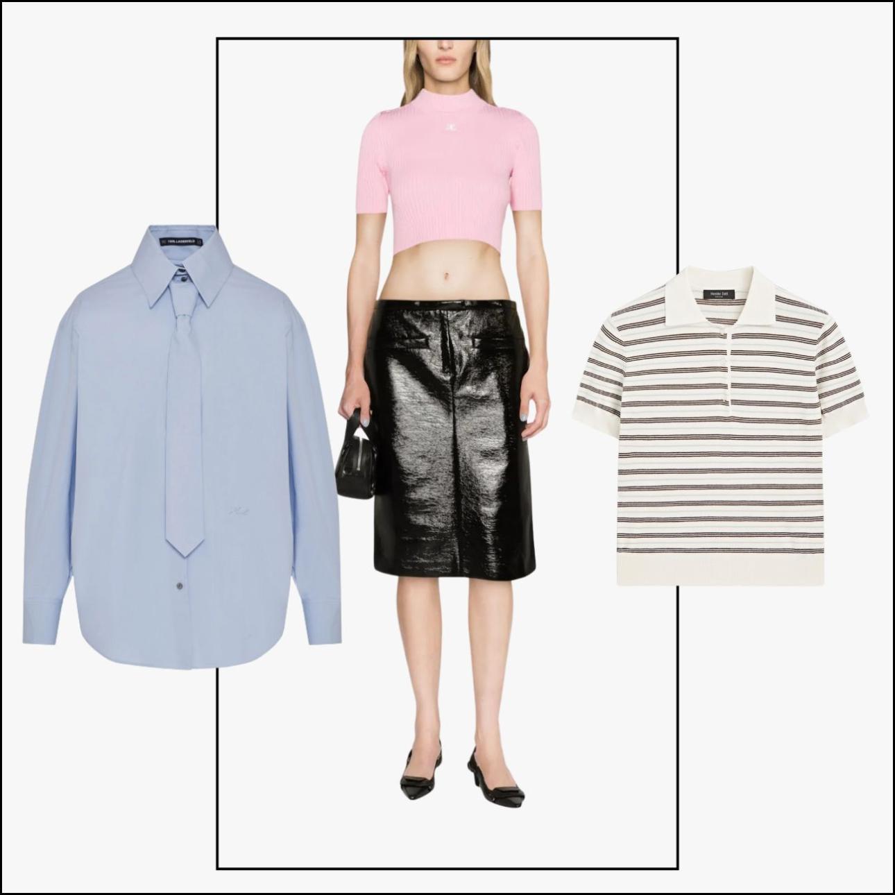 Γαλάζιο πουκάμισο με γραβάτα, €269, Karl Lagerfeld, atticadps.gr, χαμηλόμεση βινύλ φούστα, €310, Courrèges, farfetch.com και ριγέ polo top, €39,95, Massimo Dutti, massimodutti.com.