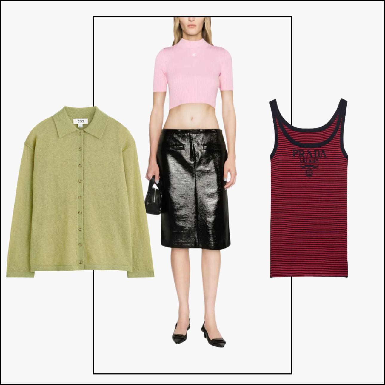 Ζακέτα, €99, Cos, cos.com, χαμηλόμεση βινύλ φούστα, €310, Courrèges, farfetch.com και ριγέ tank top, €1.450, Prada, prada.com.