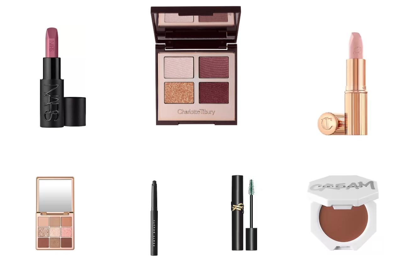 Nars, Lipstick Long Lasting Velvet Berry 2 UnashamedCharlotte Tilbury, Luxury Palette The Vintage Vamp - 4 Quad Eye PaletteCharlotte Tilbury, Hot Lips - Κραγιόν Kim K.W.Anastasia Beverly Hills, Mini Spice Palette - Παλέτα σκιών ματιώνFenty Beauty, Shadowstix Longwear Eyeshadow Stick YSL, Lash Clash - Μάσκαρα για επιπλέον όγκο , Scandalous GreenFenty Beauty, Cheeks Out Freestyle Cream Blush, Rose Latte