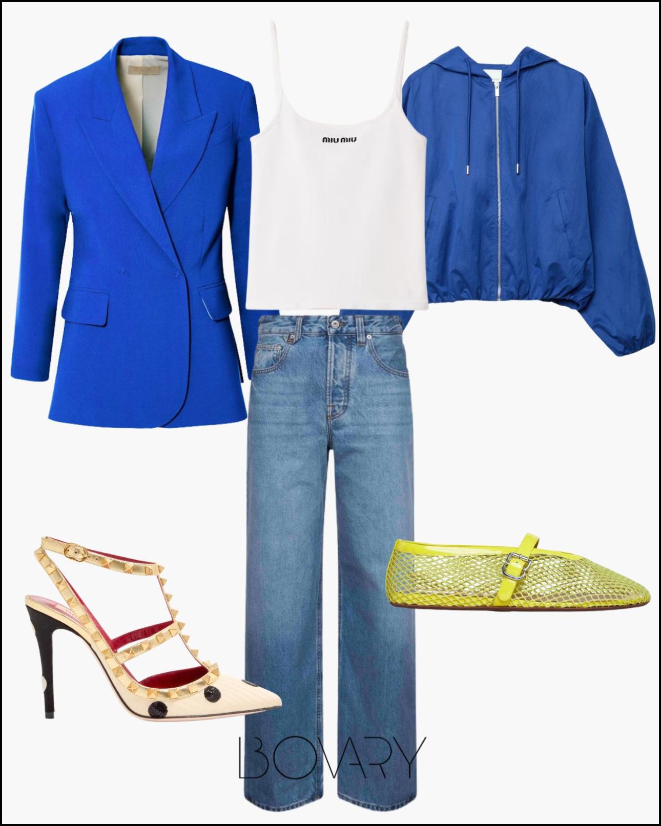 Από αριστερά: Σακάκι, €293, Wolf&amp;Badger, wolfandbadger.com, top, €395, Miu Miu, miumiu.com, jacket, €29,99, Stradivarius, stradivarius.com, πουά γόβες, €1.100, Valentino Garavani, farfetch.com, τζιν, €450, Jacquemus, atticadps.gr και διχτυωτές μπαλαρίνες, €750, Maison Alaïa, maison-alaia.com. 