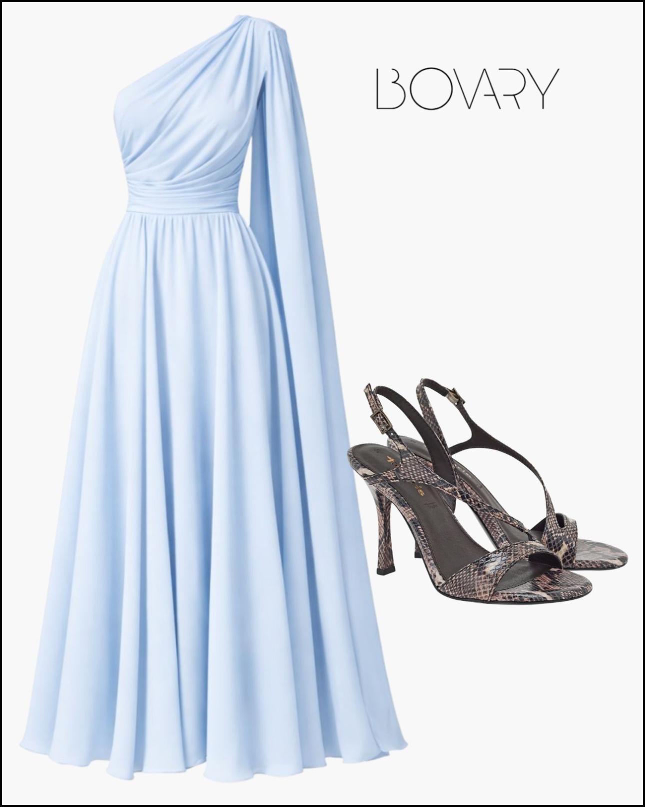 Φόρεμα με έναν ώμο, €125, Diamond Creations, diamondcreationsboutique.gr και snake print πέδιλα, €69,95, Tamaris, tsakirismallas.gr